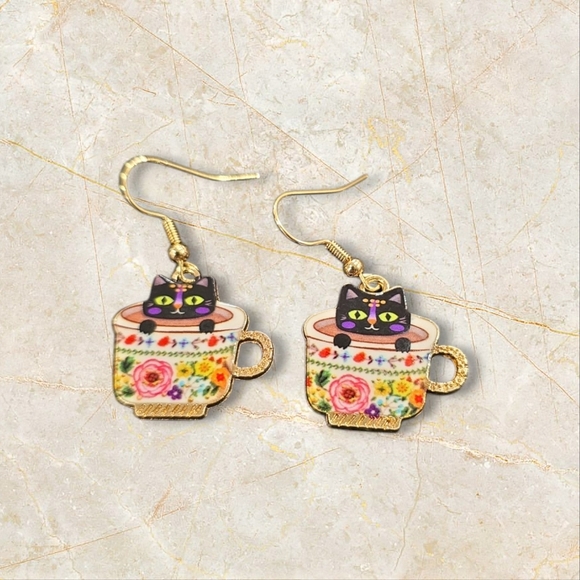Floral Teacup Cat Earrings - Picture 1 of 2